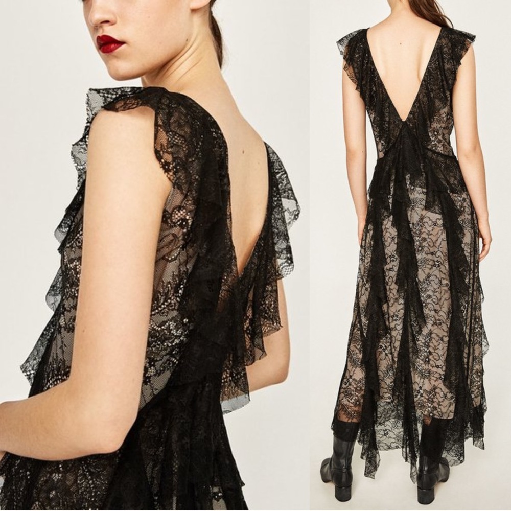 ZARA WOMAN STUDIO NWT PREMIUM Black & Nude Lace Ruffle Frill V Neck Maxi Dress - Picture 12 of 14